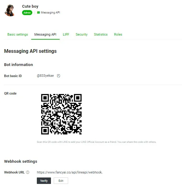 LINE Developers 貼上 Webhook URL 的畫面