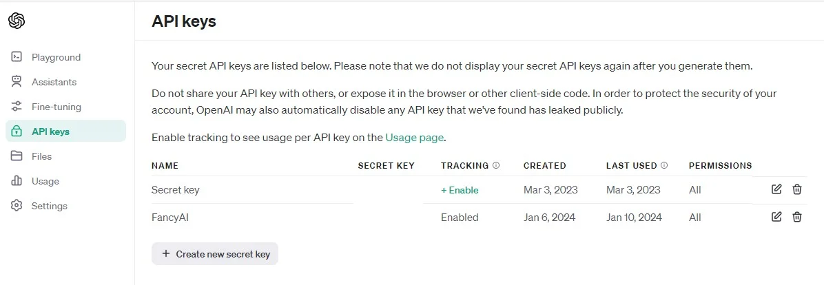 OpenAI 開發者平台建立 API key 的畫面