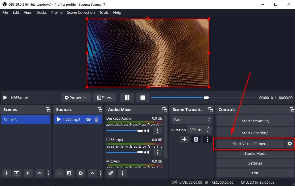OBS Studio 控制區中按下 Start Virtual Camera