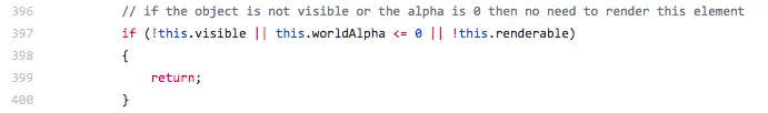PixiJS Container.js 中 visible 為 false 時跳過 render 的程式碼截圖