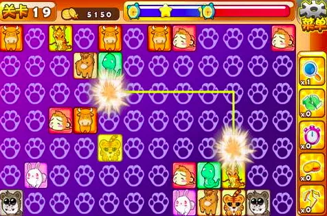 PixiJS 連連看遊戲畫面中兩個圖塊以紅色路徑連線消除