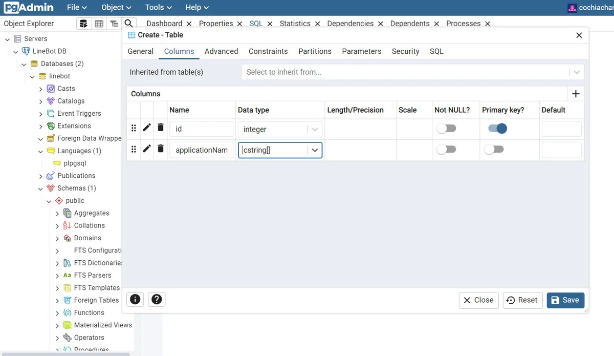 pgAdmin 連線 PostgreSQL 後建立資料表欄位的畫面