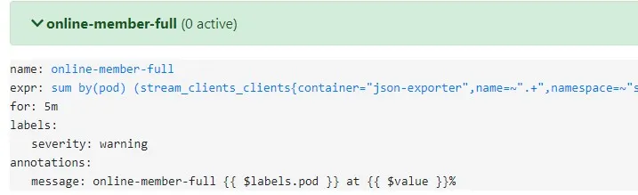 Prometheus Web UI Alerts 頁籤顯示 online-member-full 告警